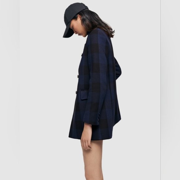 MAJE Goldan Coat Tailored Plaid Oversized Double Breasted Blazer Blue Black Wool - Picture 8 of 16